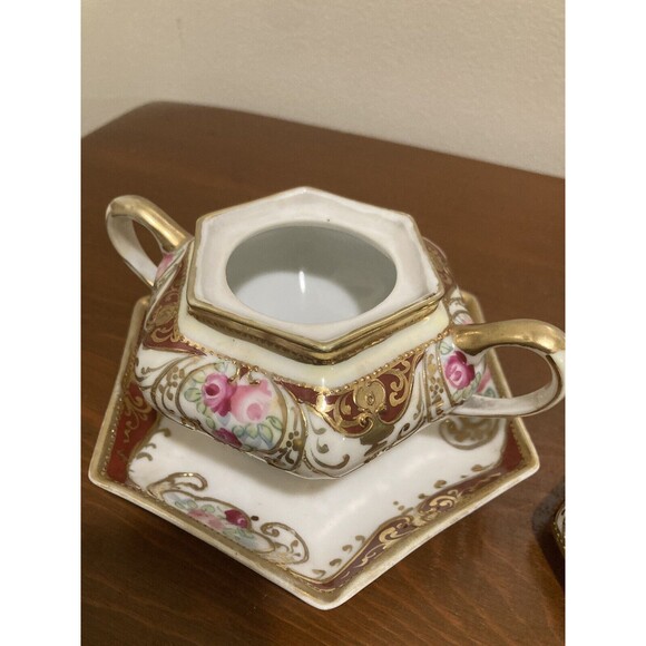 Antique Nippon c1911 Floral Sugar Bowl W/ Lid & Spoon Attached Plate Gold Accent - Picture 6 of 14